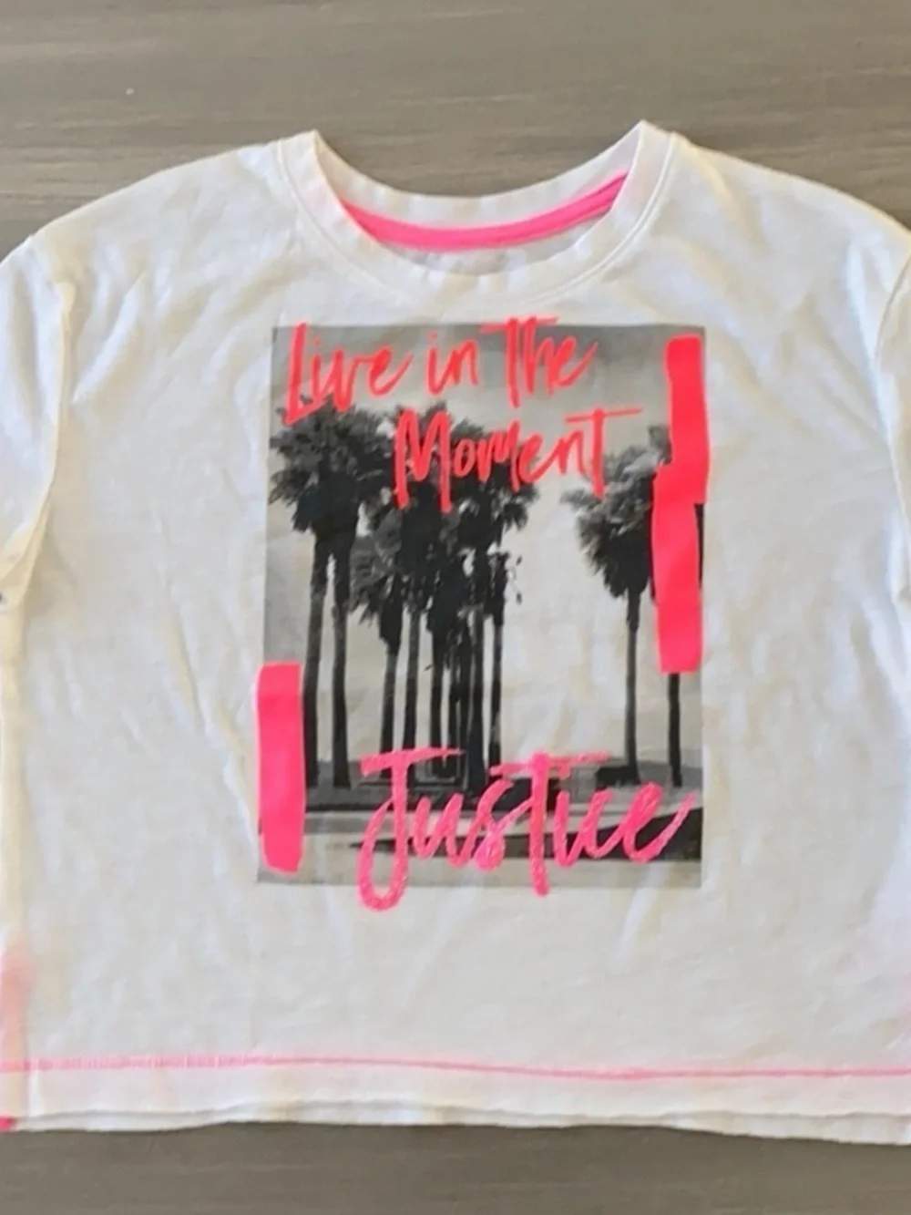Justice White Tee with Neon Pink Palm Graphic